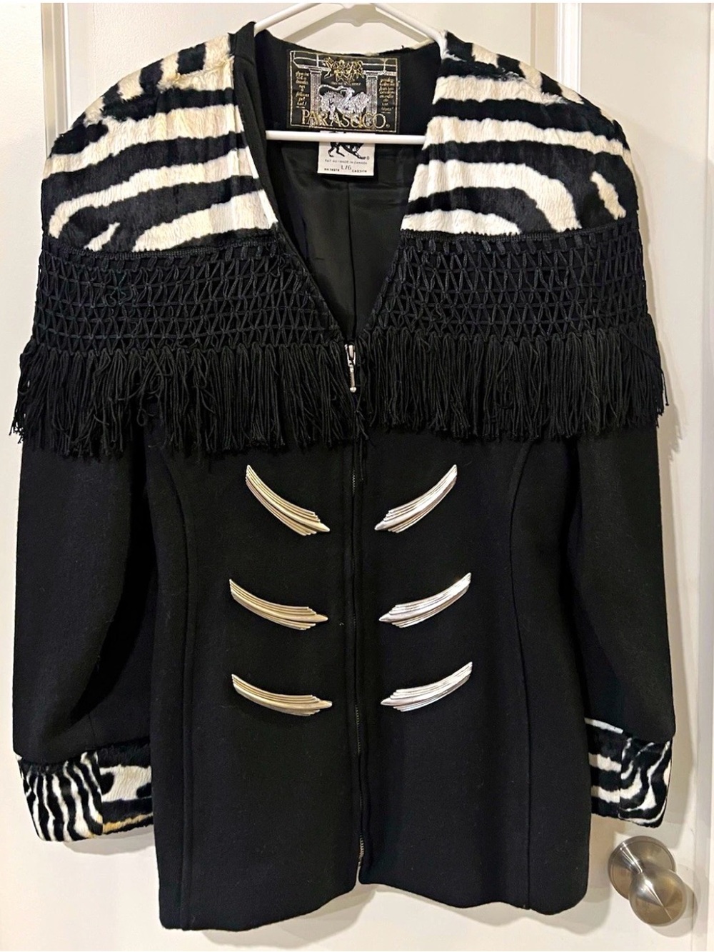 Parasuco Legend Women’s Zebra Animal Print Fringe Zip Front Jacket Black L